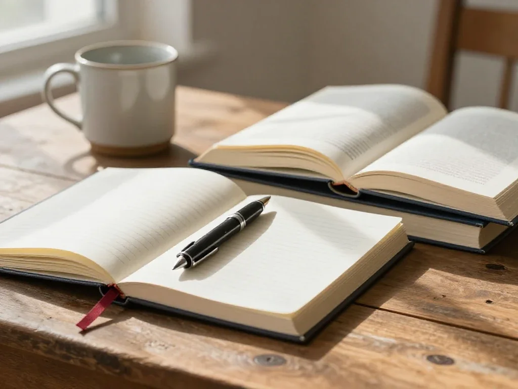 Livres et carnets ouverts sur une table en bois illustrant la diversité des sujets du blog.